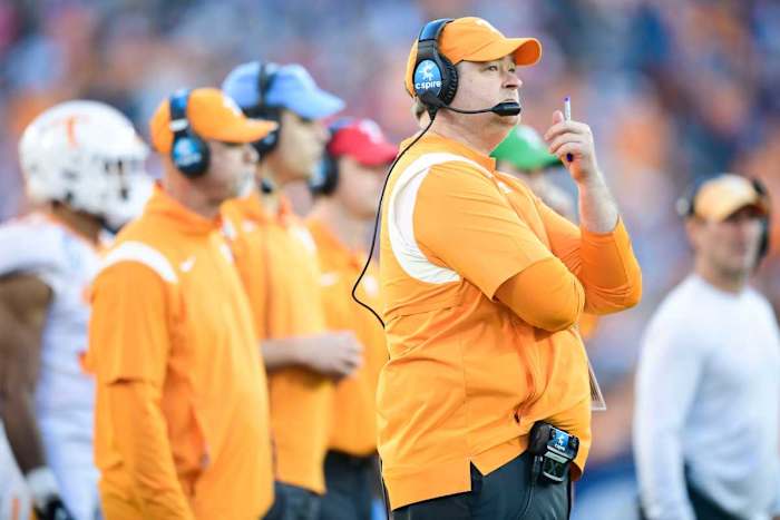 Tennessee HC Josh Heupel during the Music City Bowl against Purdue in Nashville, Tennessee, on December 31, 2022. (Photo by Calvin Mattheis)